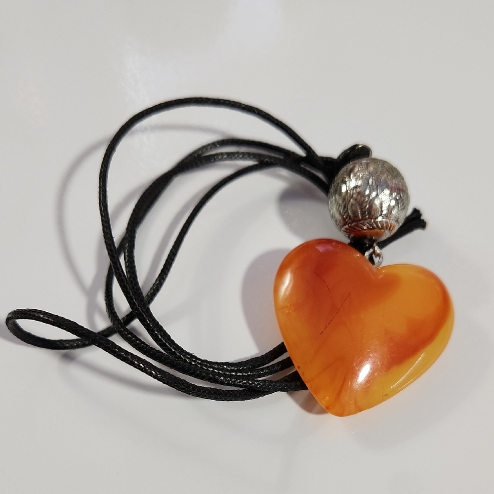 Apricot Agate Heart Pendant on Black Cord Necklace 18"